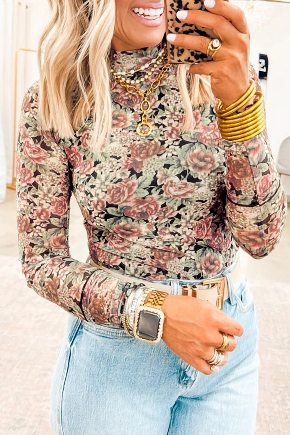 Vintage Floral Print Mesh Long Sleeve Top