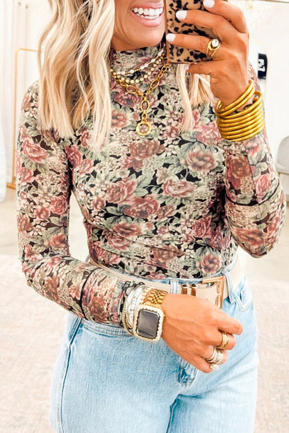 Vintage Floral Print Mesh Long Sleeve Top