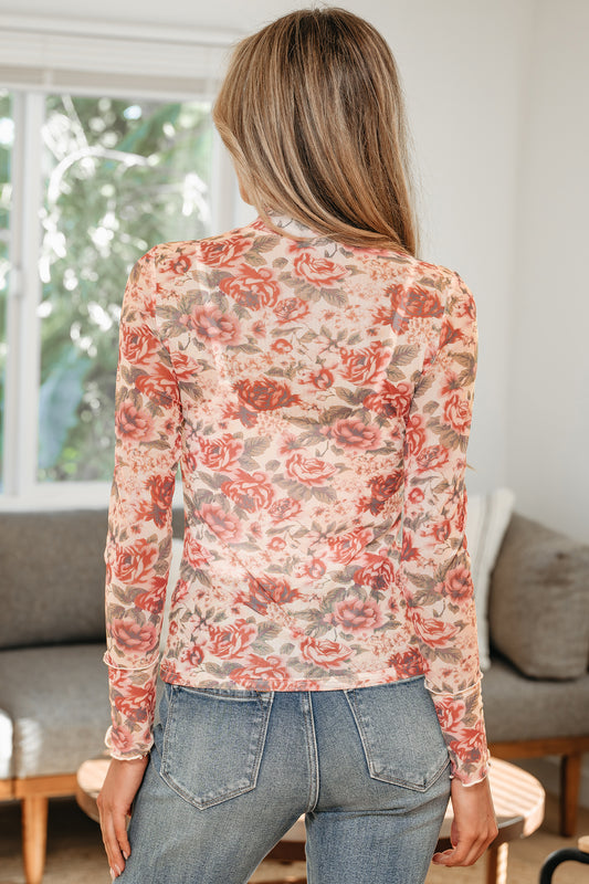 Vintage Floral Print Mesh Long Sleeve Top