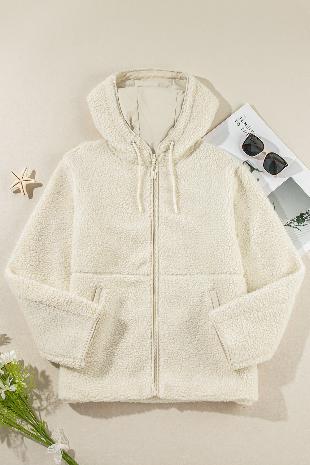 Teddy Fleece Zip Up Drawstring Hooded Jacket