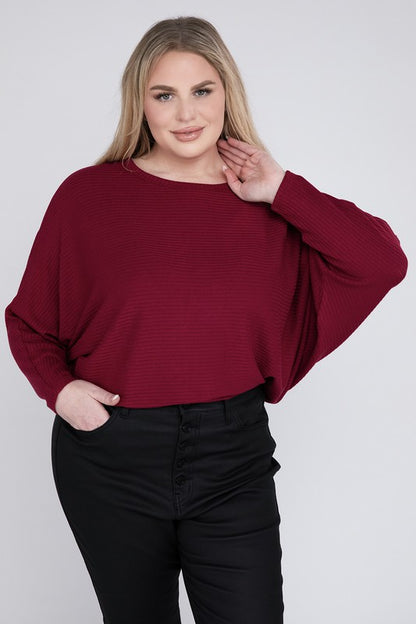 Curvy Ribbed Batwing Long Sleeve Boat Neck Sweater