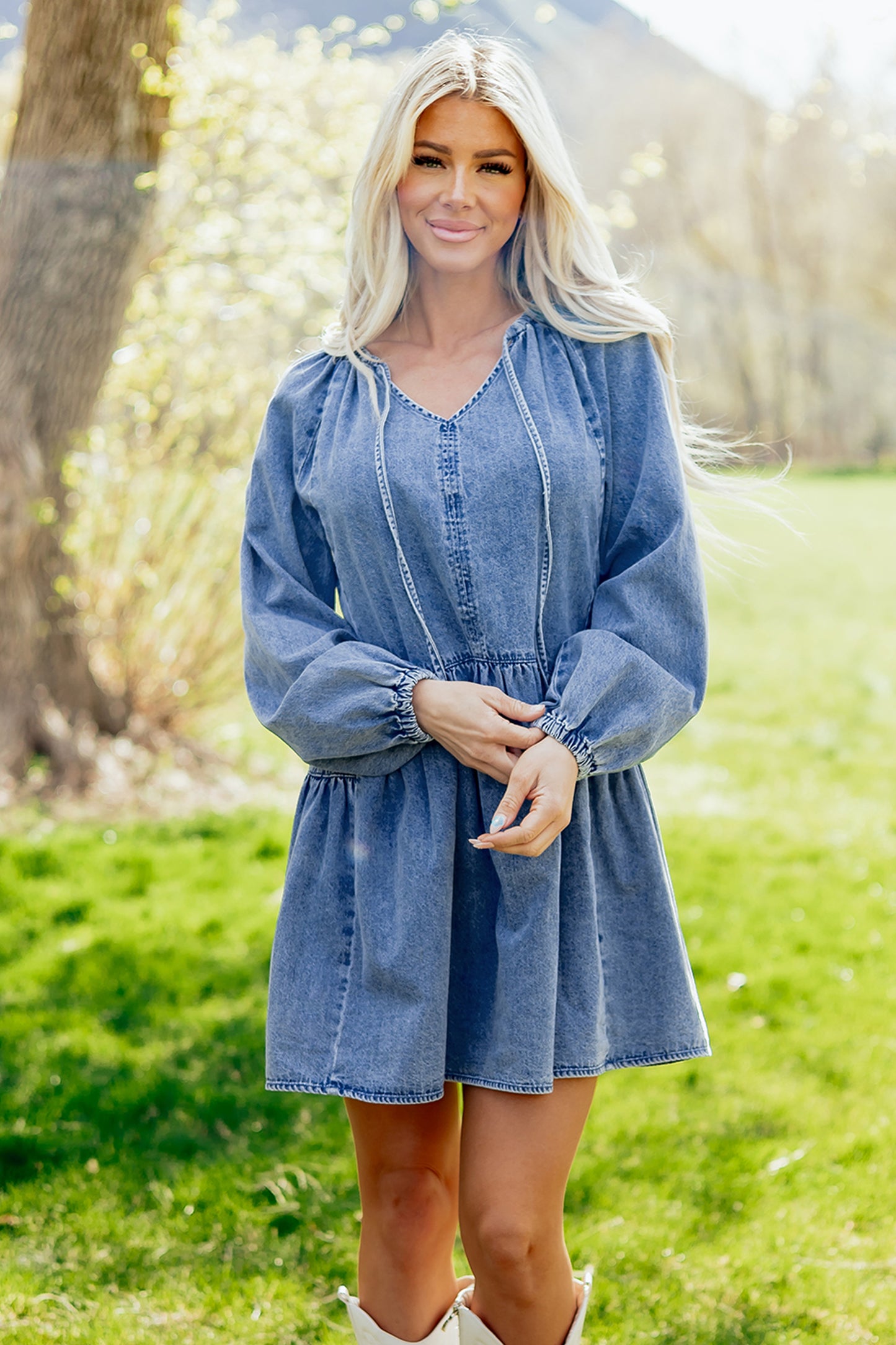 Andrea Front Tie Denim Long Sleeve Dress