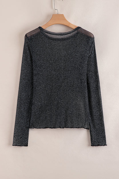 Metallic Glitter Sheer Mesh Long Sleeve Top