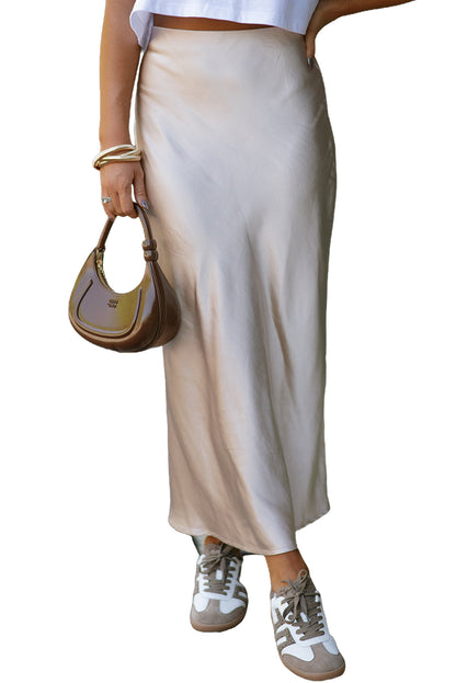 Champagne Satin Solid Color High Waist Maxi Skirt