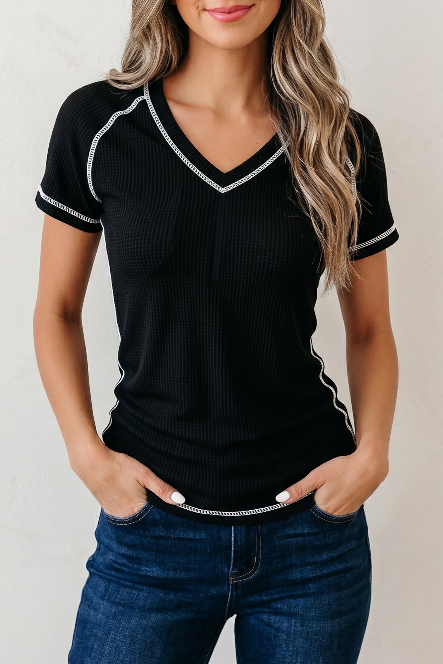 Mia Textured Contrast Trim Tee