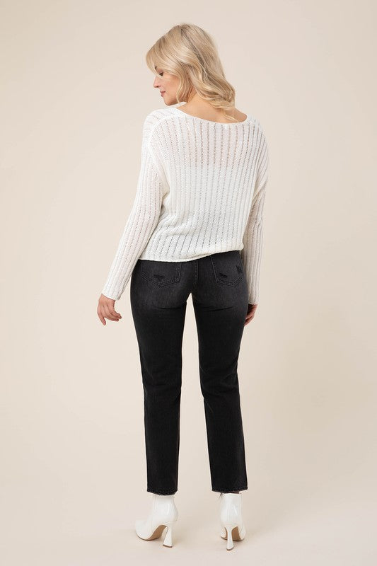 Ivory Ribbed V Neck Sweater