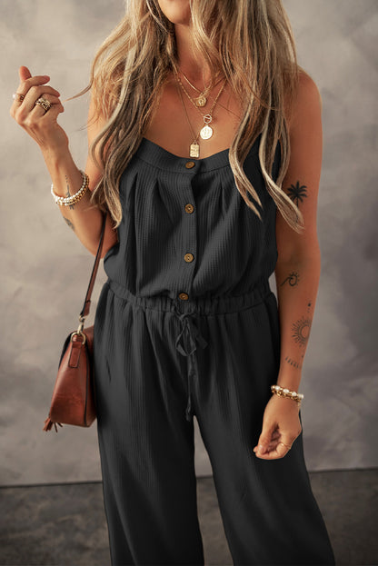 Crystal Textured Drawstring Sleeveless Jumpsuit