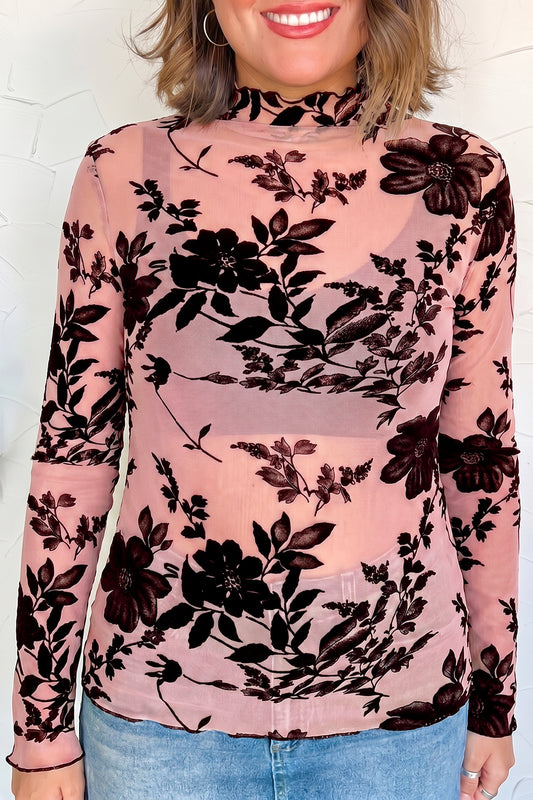 Vintage Floral Velour Accent Mesh Blouse