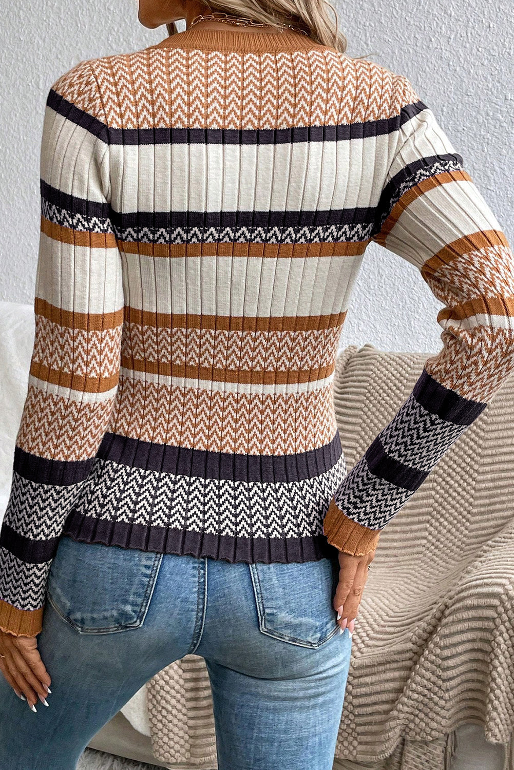 Amber Chevron Striped Ribbed Knit Slim Sweater