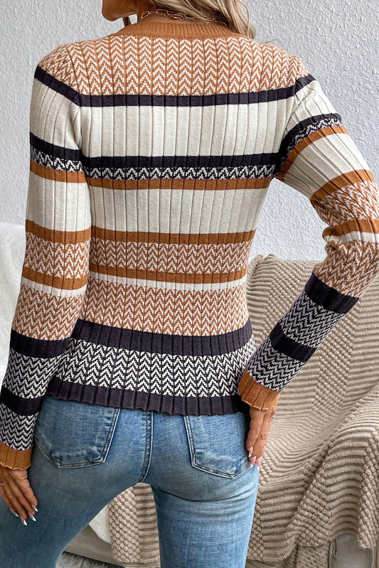 Amber Chevron Striped Ribbed Knit Slim Sweater