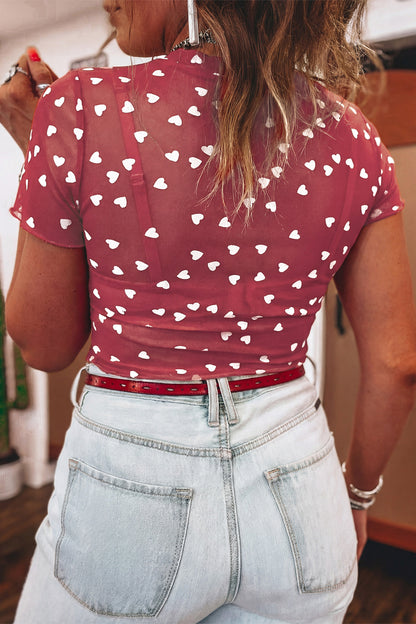 Lovely Heart Print Mesh Short Sleeve Top