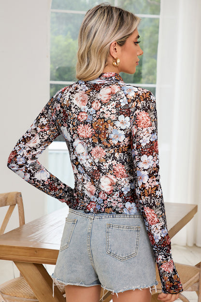 Mary Ellen Floral Print Mesh Mock Neck Top