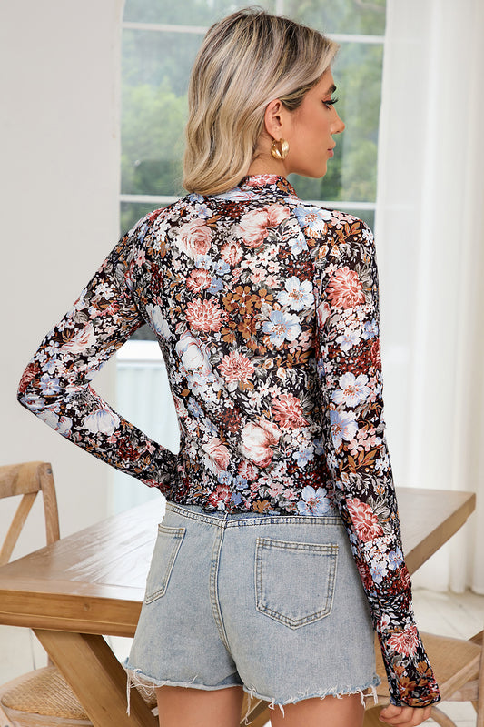 Mary Ellen Floral Print Mesh Mock Neck Top