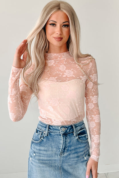 Kallie Mock Neck Floral Lace Mesh Top