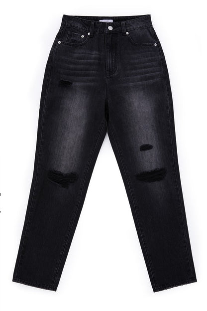 Black Distressed Straight Denim