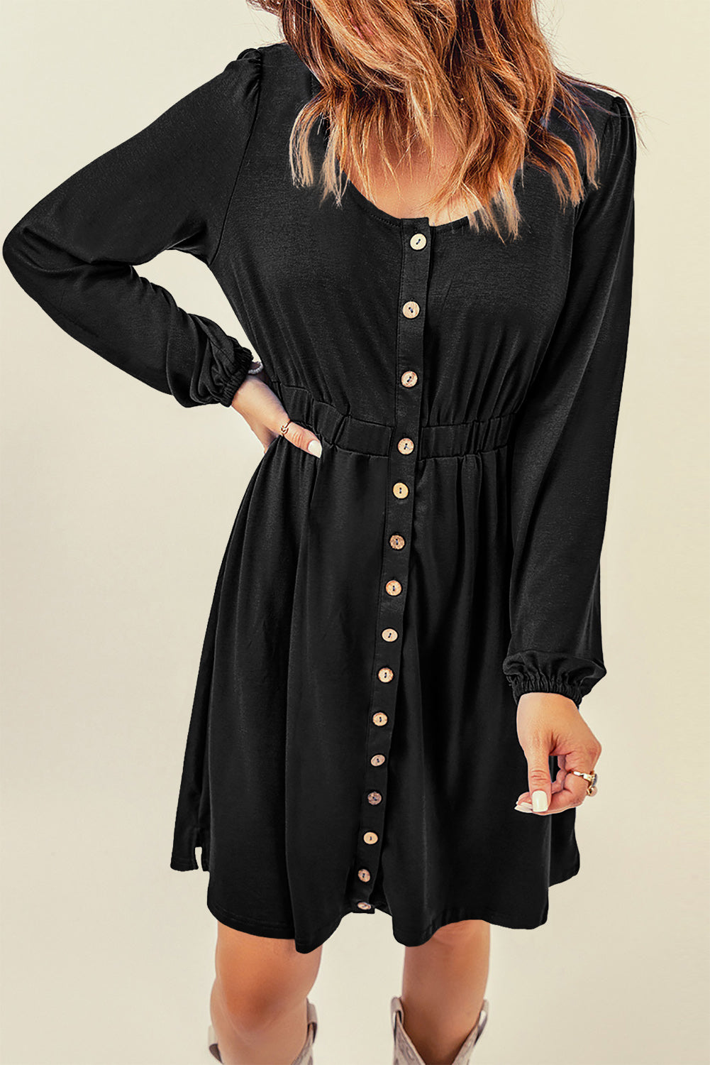 Belle Button Down Cinched Waist Long Sleeve Dress