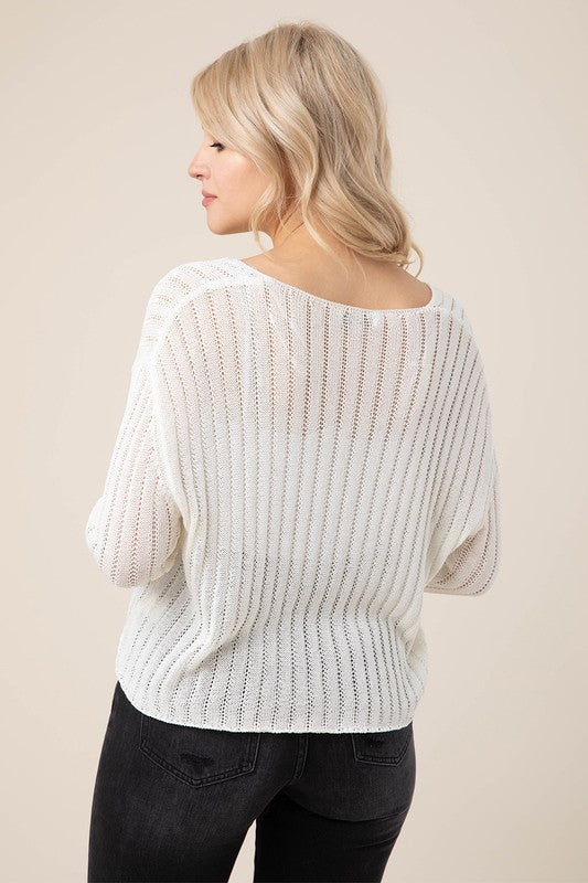 Ivory Ribbed V Neck Sweater