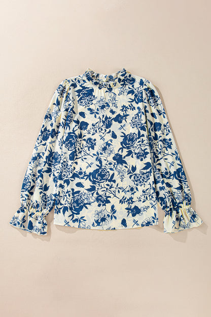 Floral Print Flounce Sleeve Keyhole Back Blouse