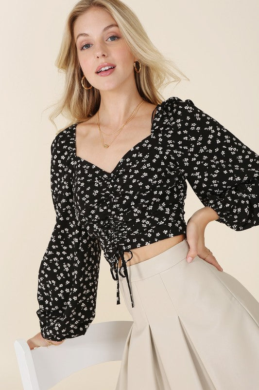 Sweetheart Ruched Floral Print Cropped Blouse