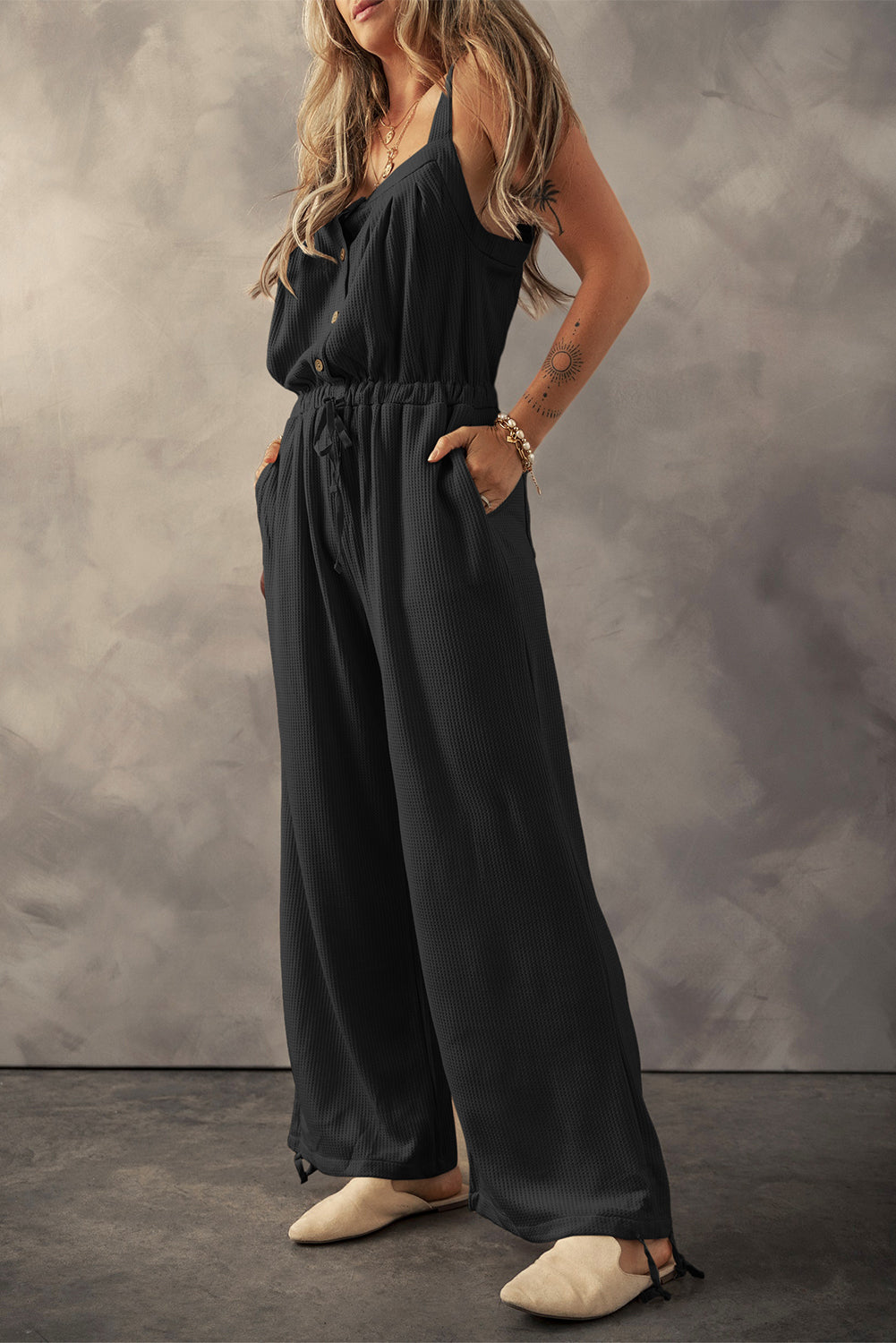 Crystal Textured Drawstring Sleeveless Jumpsuit