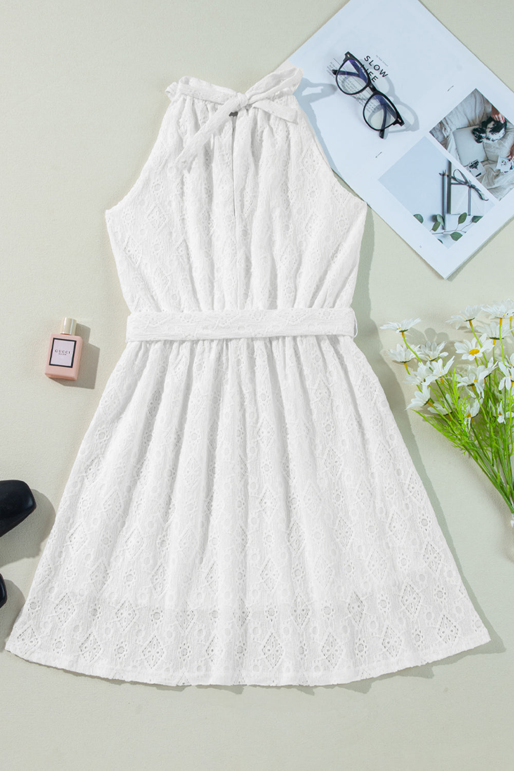 Evelyne Eyelet Halter Tie Waist Mini Dress
