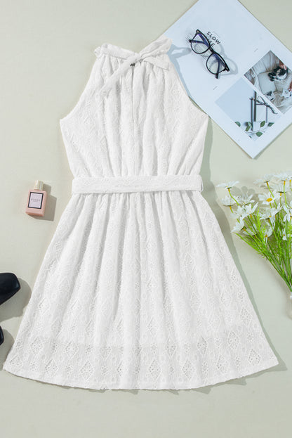 Evelyne Eyelet Halter Tie Waist Mini Dress