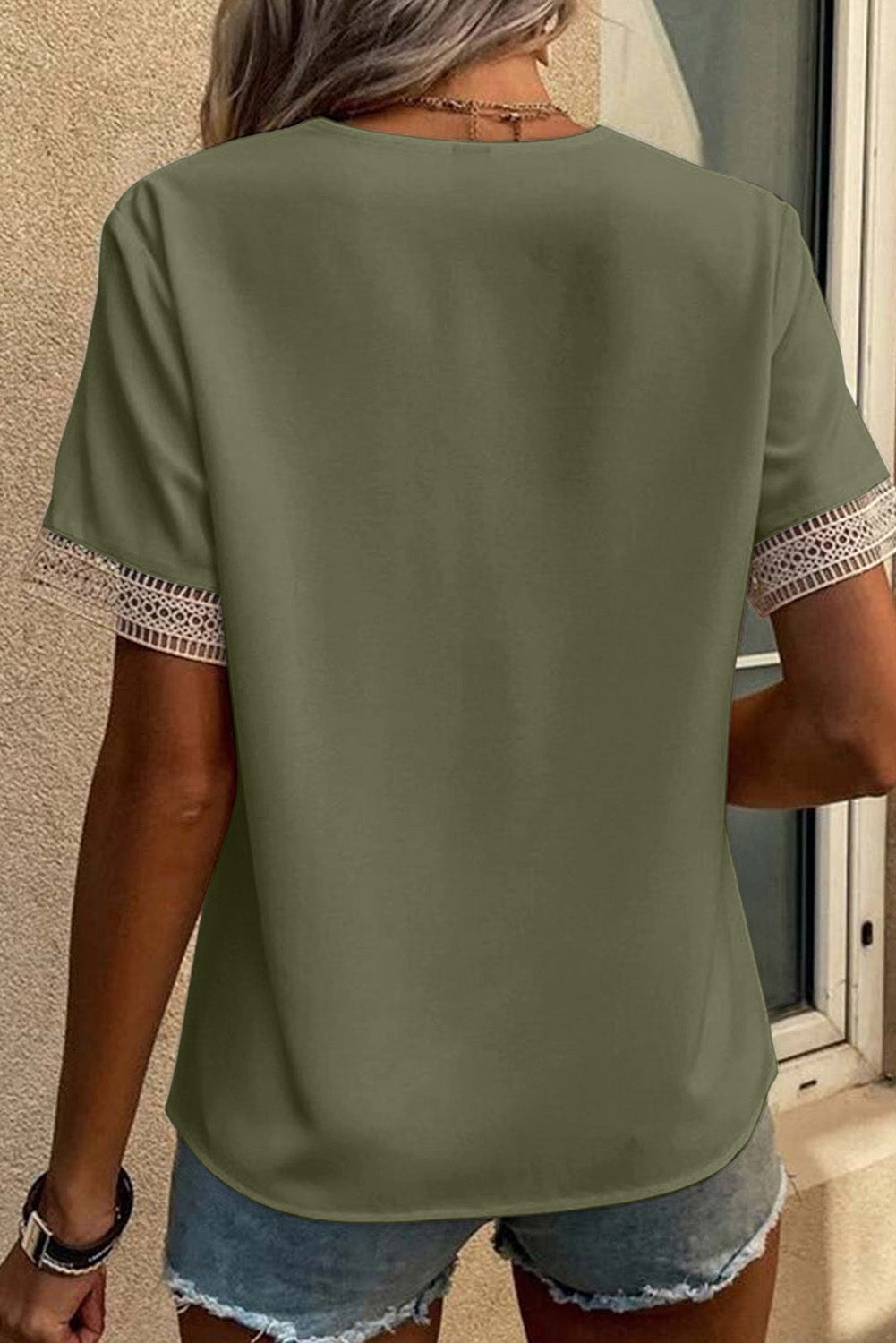 Shauna Lace Trim V Neck Short Sleeve Blouse