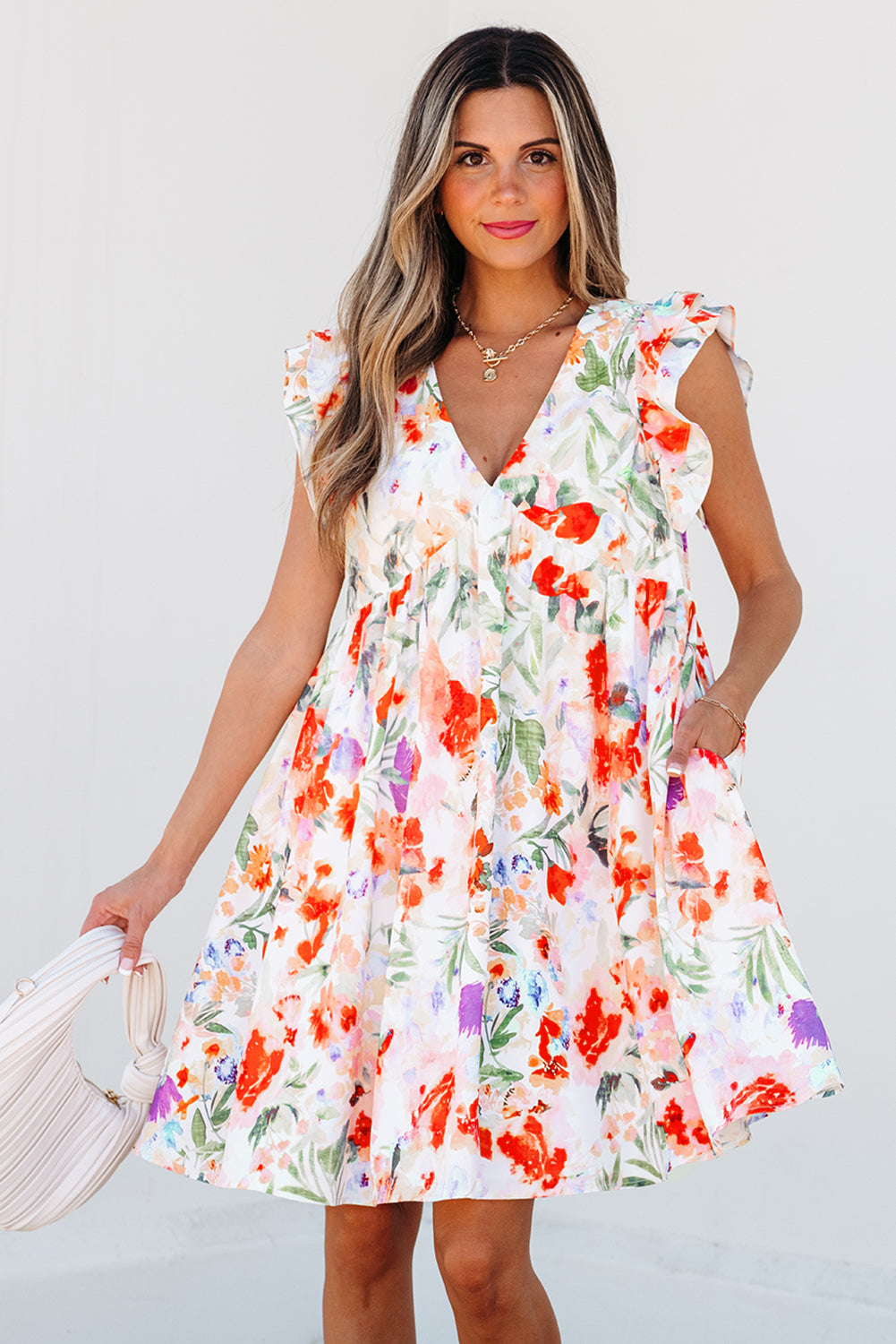 Antigua Watercolor Floral V Neck Mini Dress