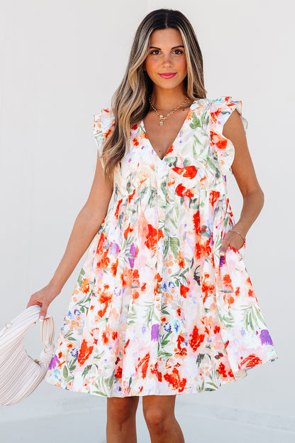 Antigua Watercolor Floral V Neck Mini Dress