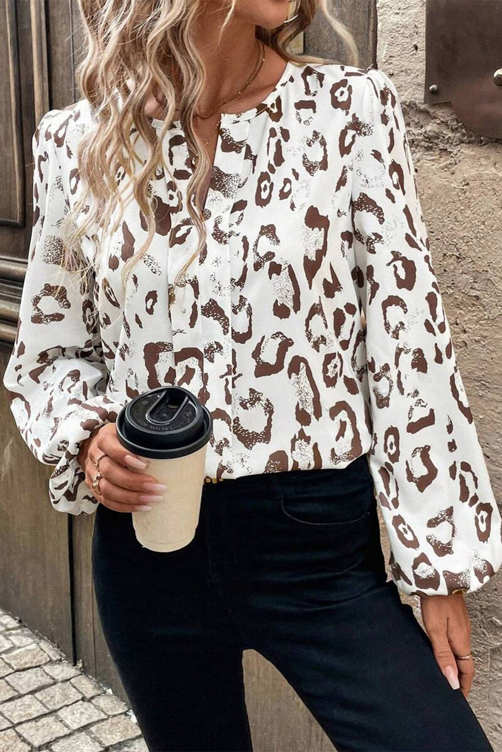 Brown Leopard Print Notched Balloon Sleeve Blouse