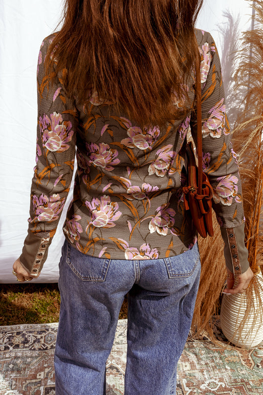 Filomena Floral Print Waffle Knit Long Sleeve Top