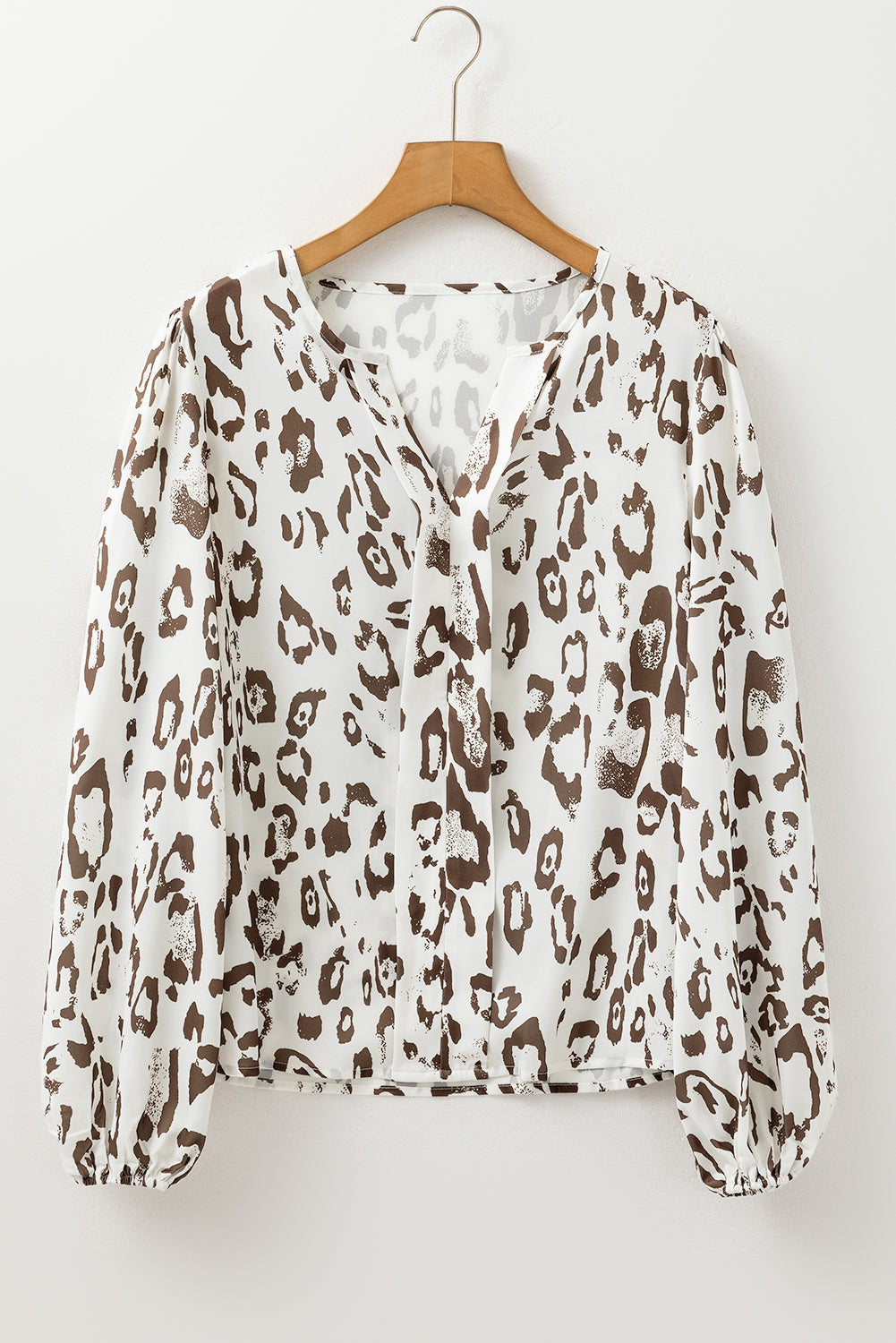 Brown Leopard Print Notched Balloon Sleeve Blouse