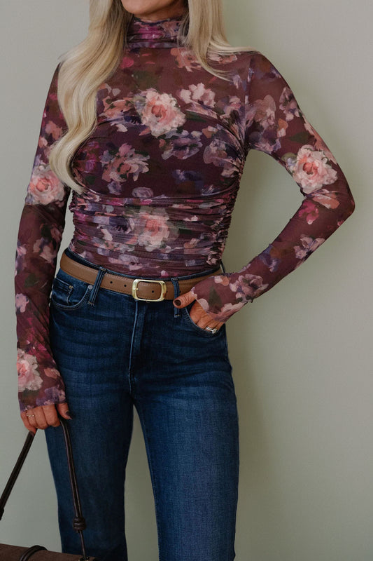Amanda Mock Neck Ruched Floral Mesh Top
