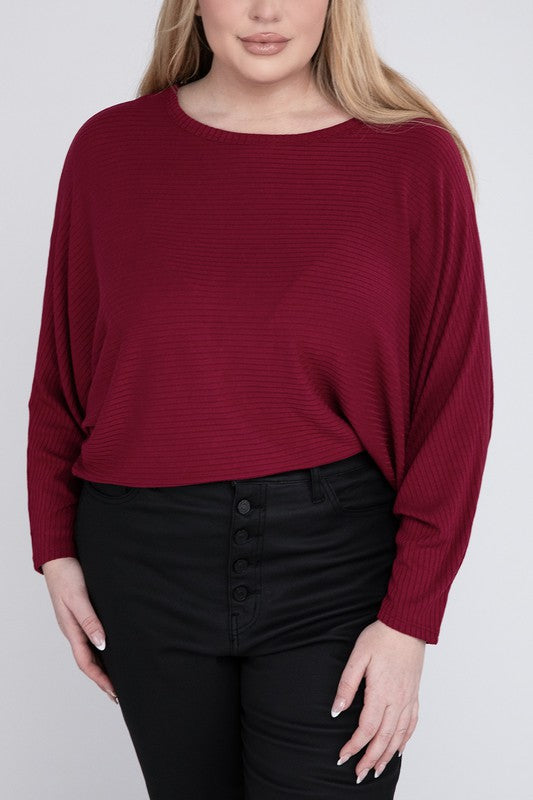 Curvy Ribbed Batwing Long Sleeve Boat Neck Sweater