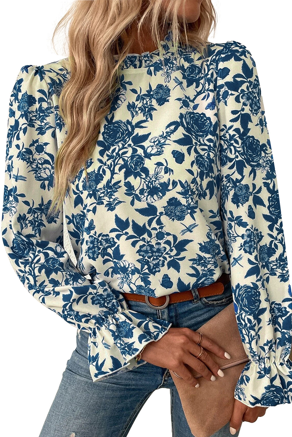 Floral Print Flounce Sleeve Keyhole Back Blouse