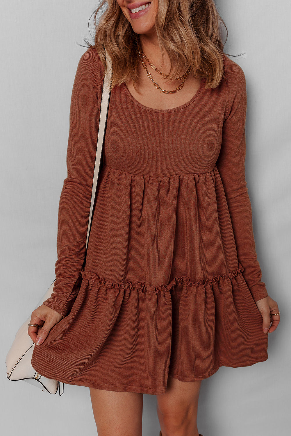 Harvest Ribbed Frill Trim Long Sleeve Mini Dress