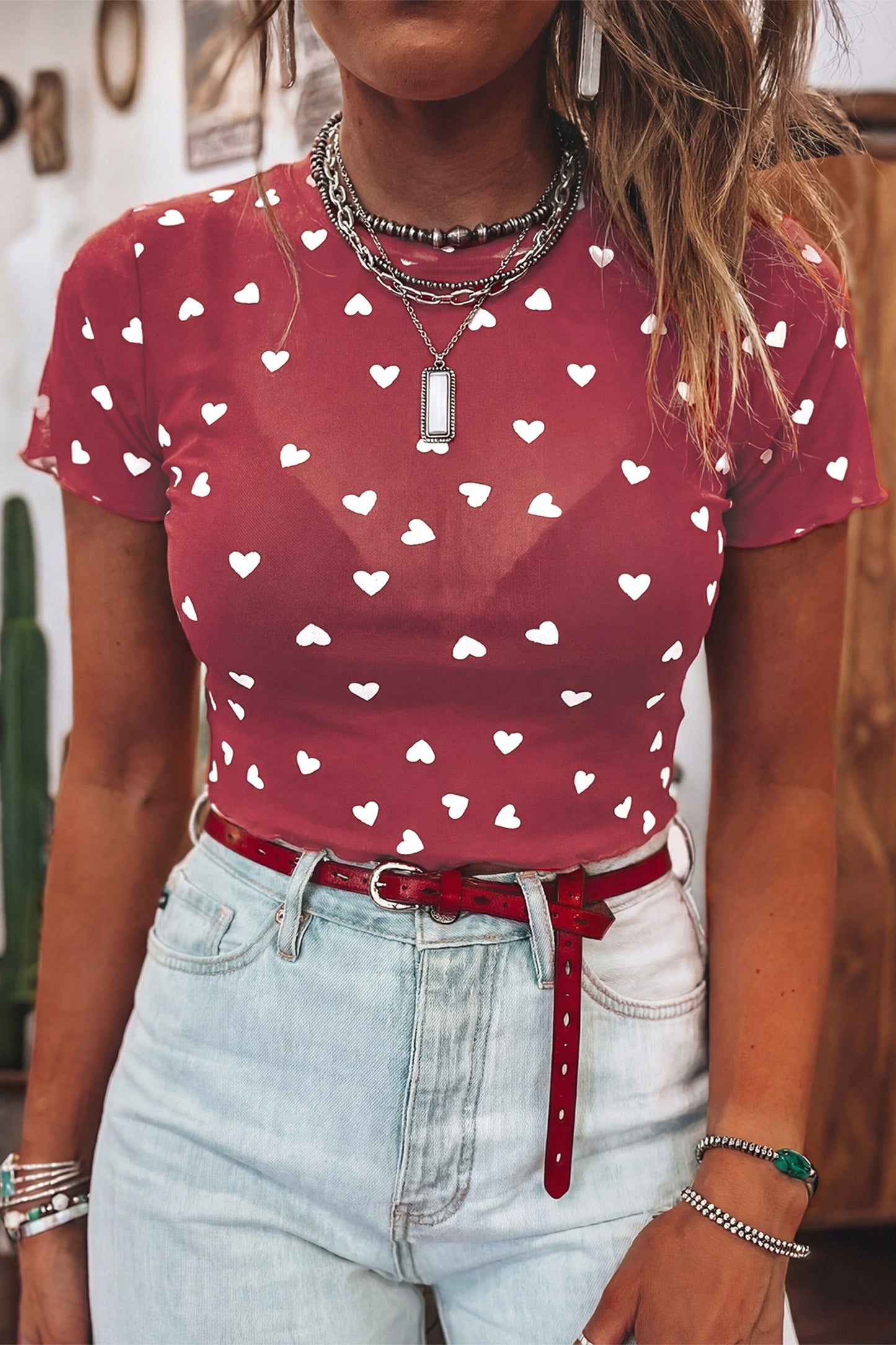 Lovely Heart Print Mesh Short Sleeve Top
