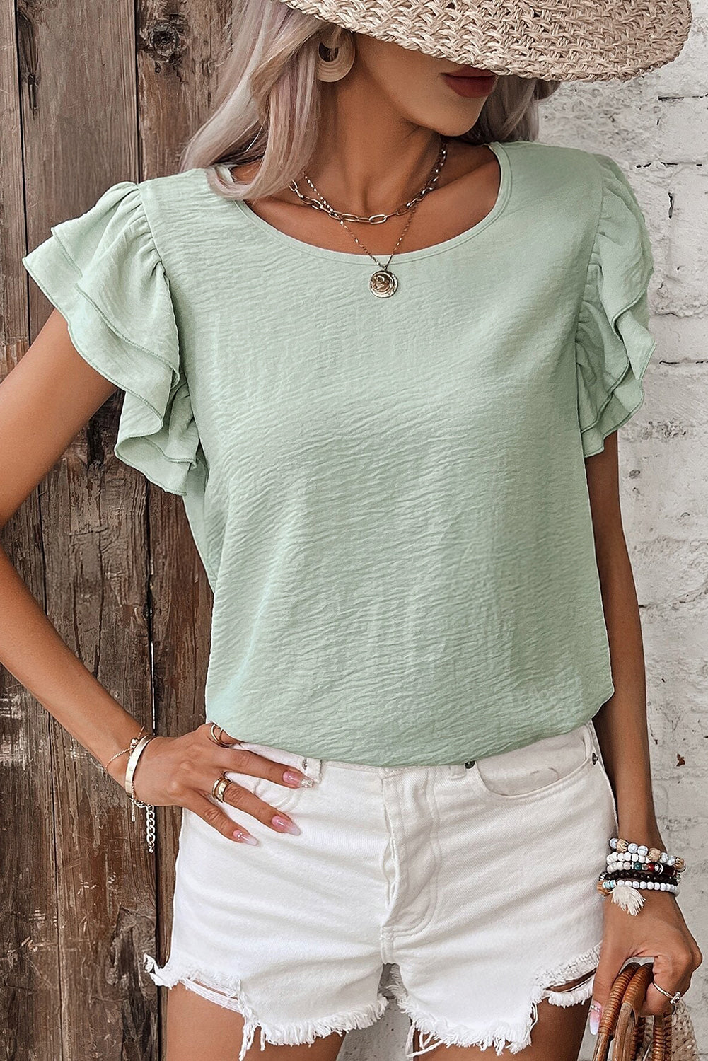 Bermuda Textured Ruffle Sleeve Blouse
