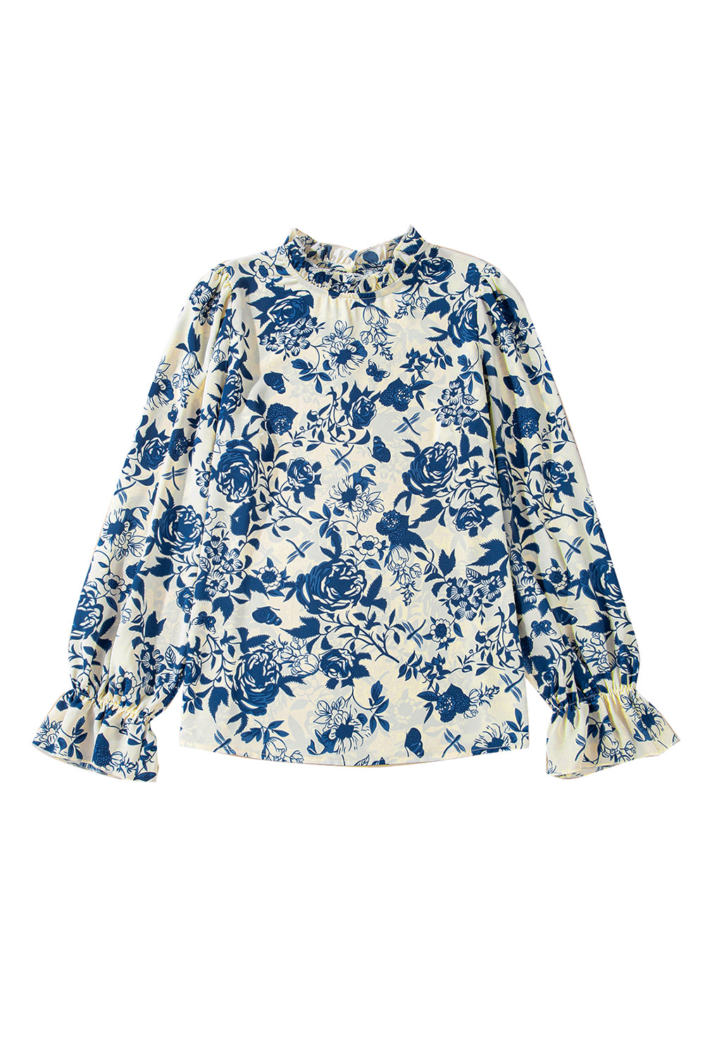 Floral Print Flounce Sleeve Keyhole Back Blouse