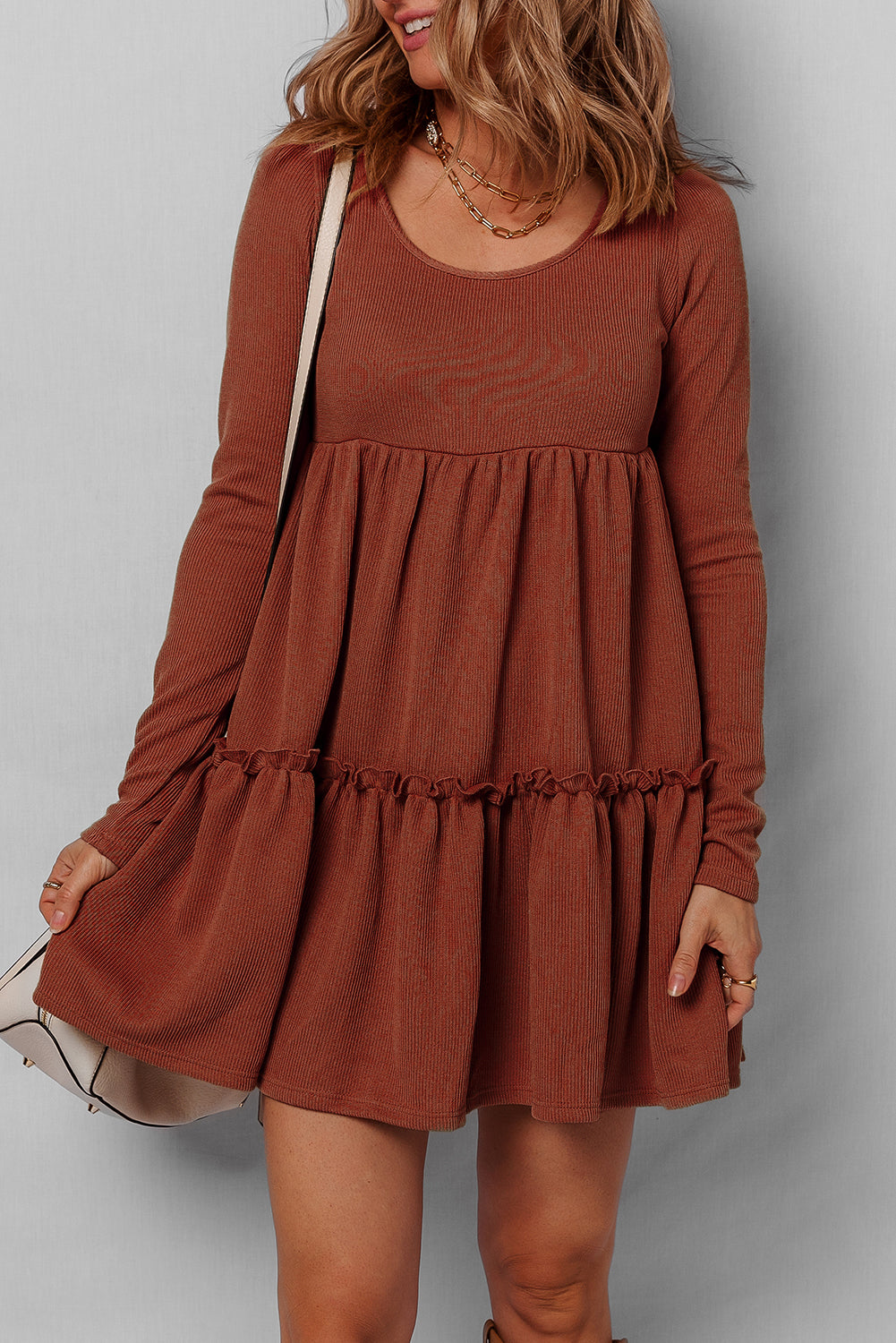 Harvest Ribbed Frill Trim Long Sleeve Mini Dress