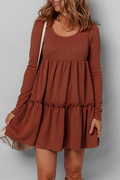 Harvest Ribbed Frill Trim Long Sleeve Mini Dress