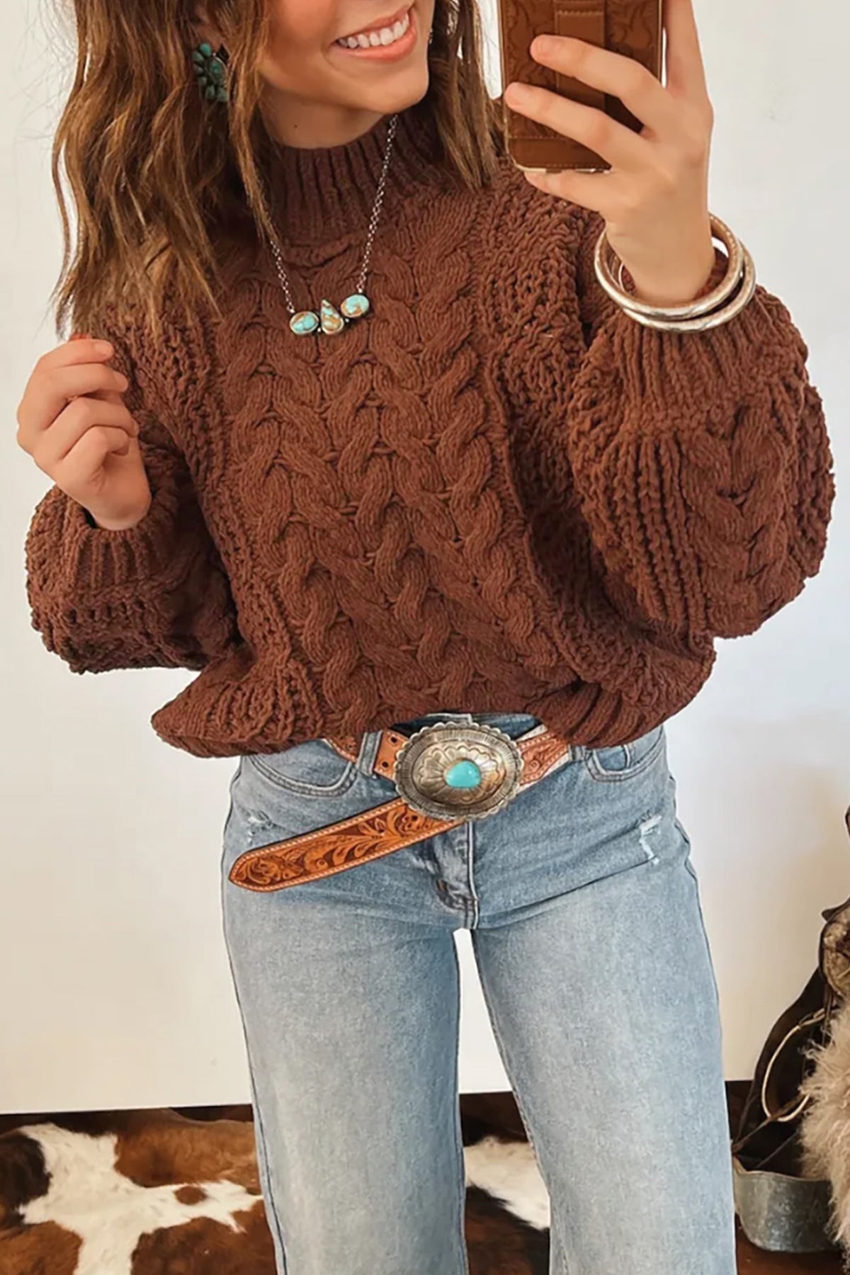 Coffee Chunky Cable Knit Sweater