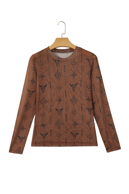 Western Nights Printed Mesh Long Sleeve Top