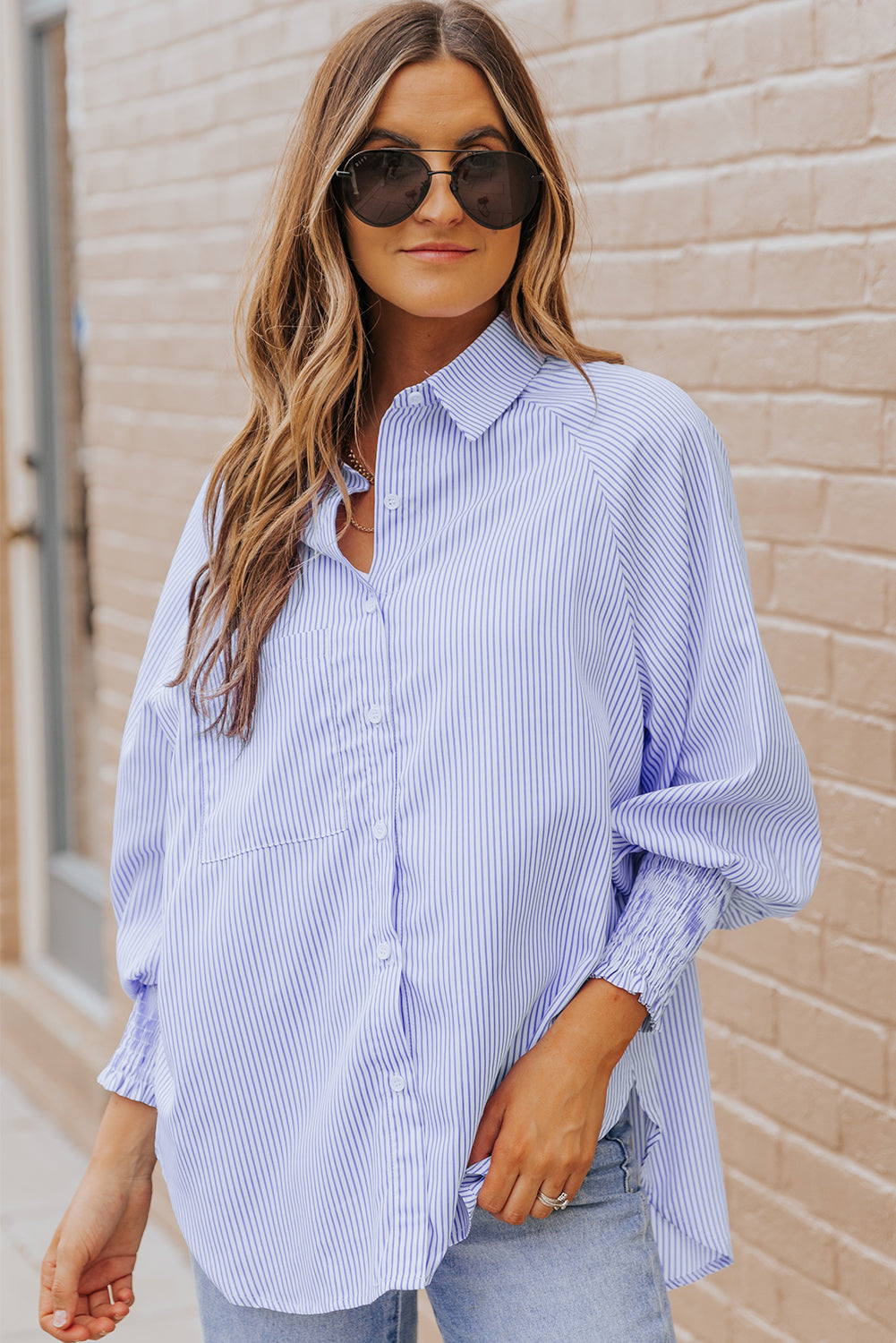 Sagamore Buttoned Striped Shirred Cuff Blouse