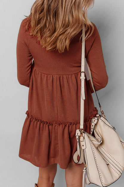 Harvest Ribbed Frill Trim Long Sleeve Mini Dress