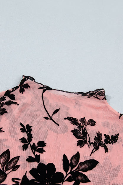 Vintage Floral Velour Accent Mesh Blouse