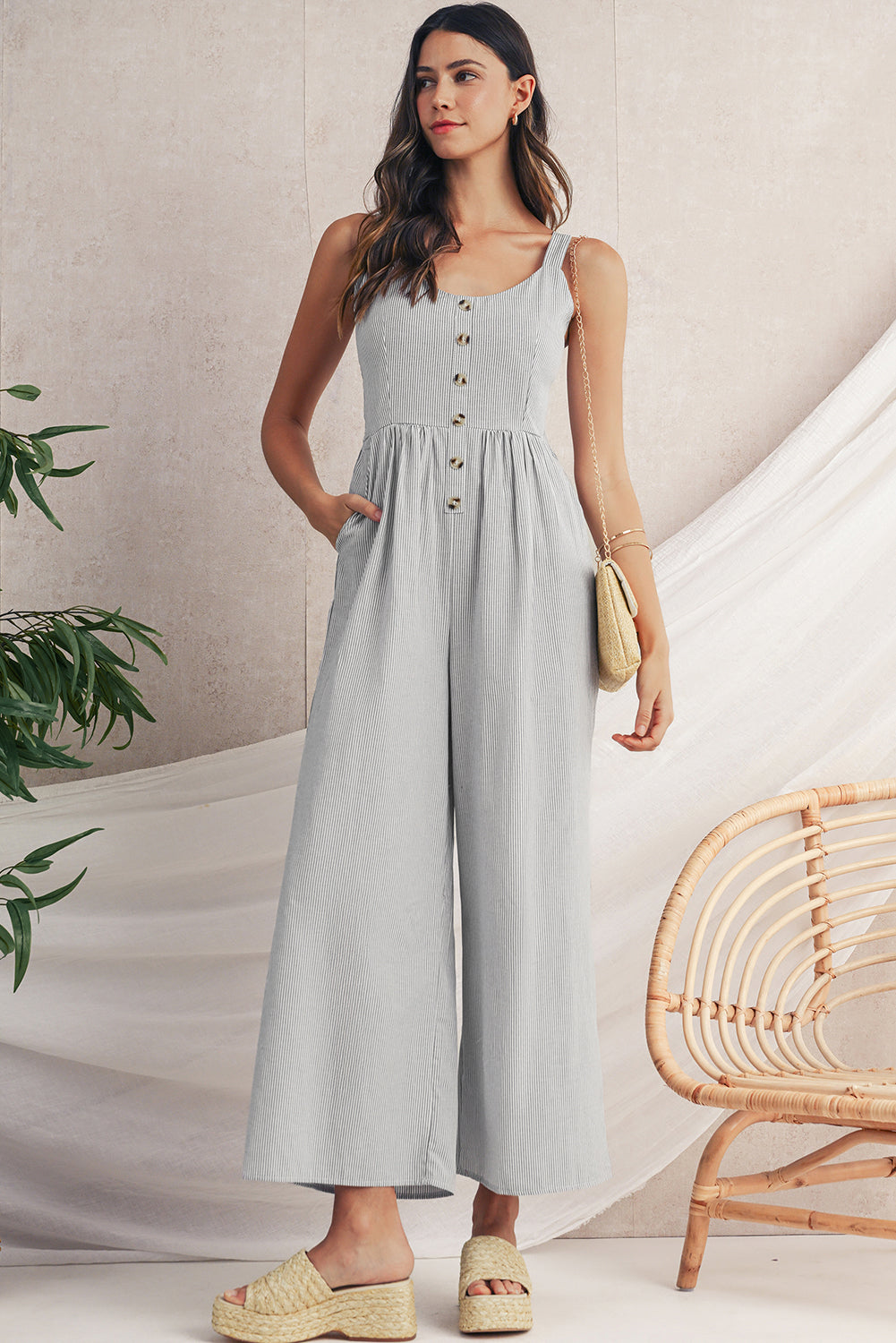 Coastal Pinstripe Wide Leg Sleeveless Jumpsuit