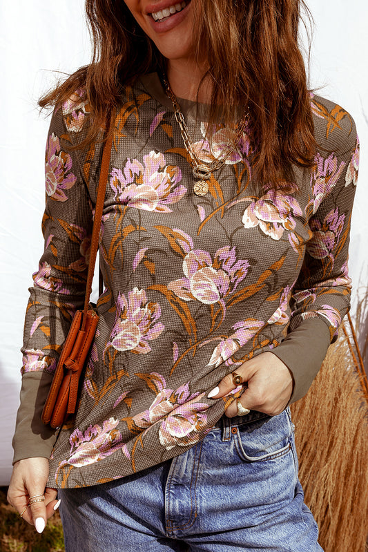 Filomena Floral Print Waffle Knit Long Sleeve Top