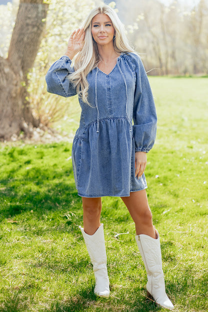 Andrea Front Tie Denim Long Sleeve Dress