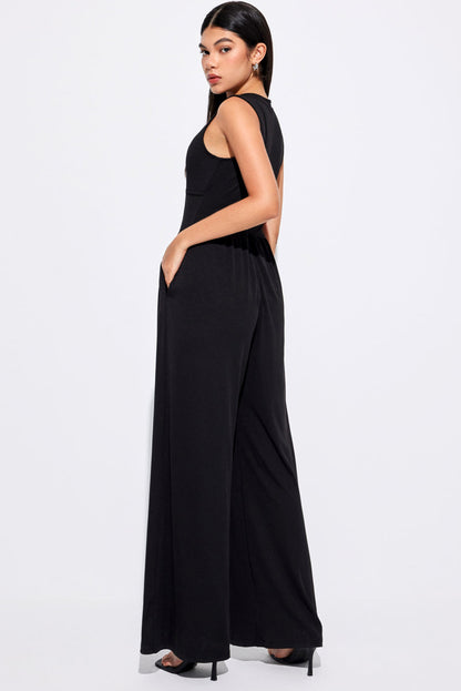 Solid Color Cinched Waist Sleeveless Wide Leg Jumpsuit